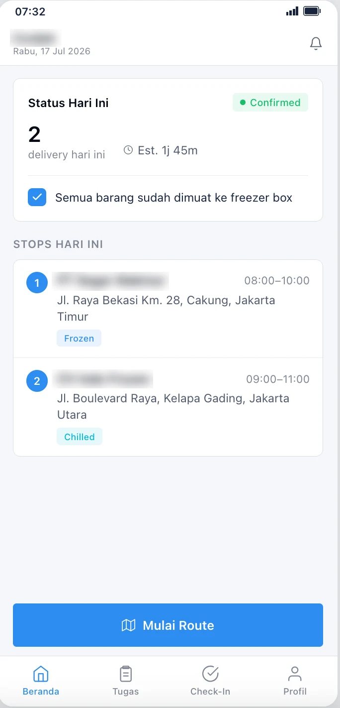 Driver check-in, freezer-box checklist and photo proof of delivery in the app.